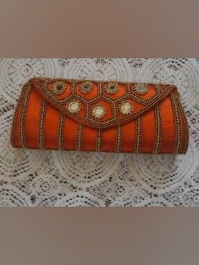 Embellished Orange Beaded Envelope Clutch